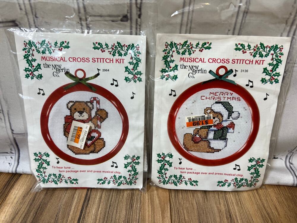 Vintage New Berlin Musical Cross Stitch Christmas Ornament Kits Lot of 2 NOS